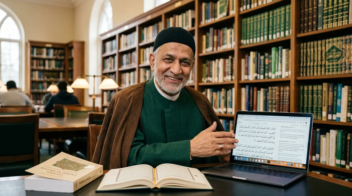 Shia male teacher conducting a live online Quran lesson for an adult student